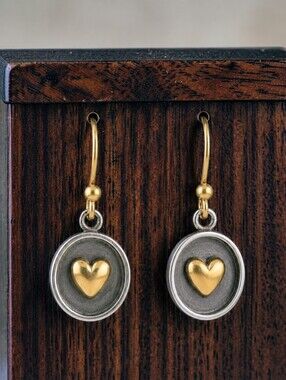 Mixed Metal Shadowbox Heart Dangle Earrings - Nickel Free